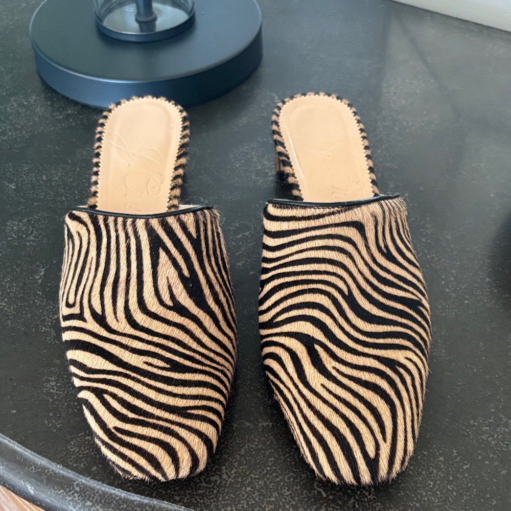 J. Crew Black and Tan Zebra Print Mules